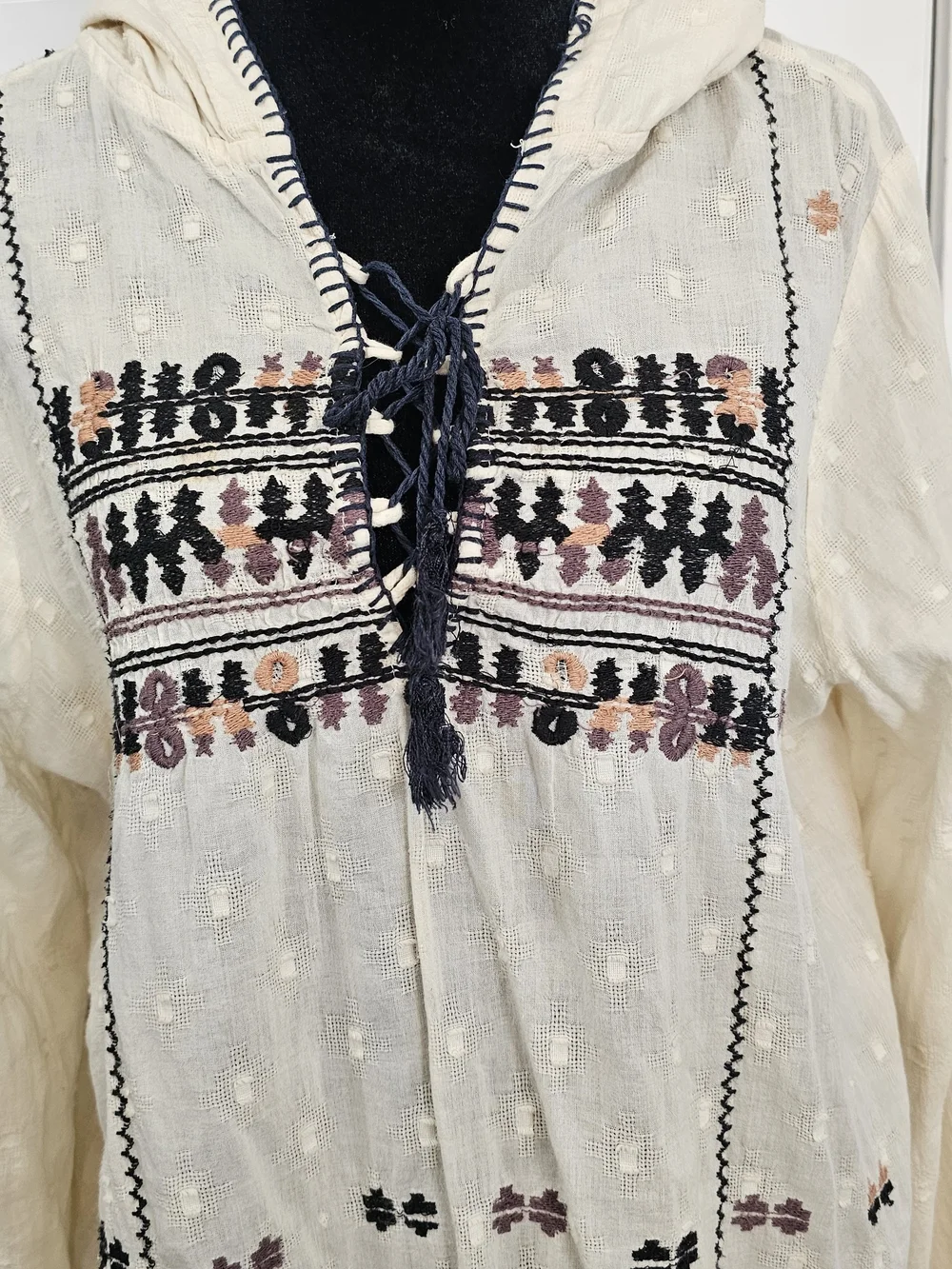 Free People Playa De Ray Cream Embroidered Hooded Pullover with Navy Tassel{Bx26 - Picture 3 of 15